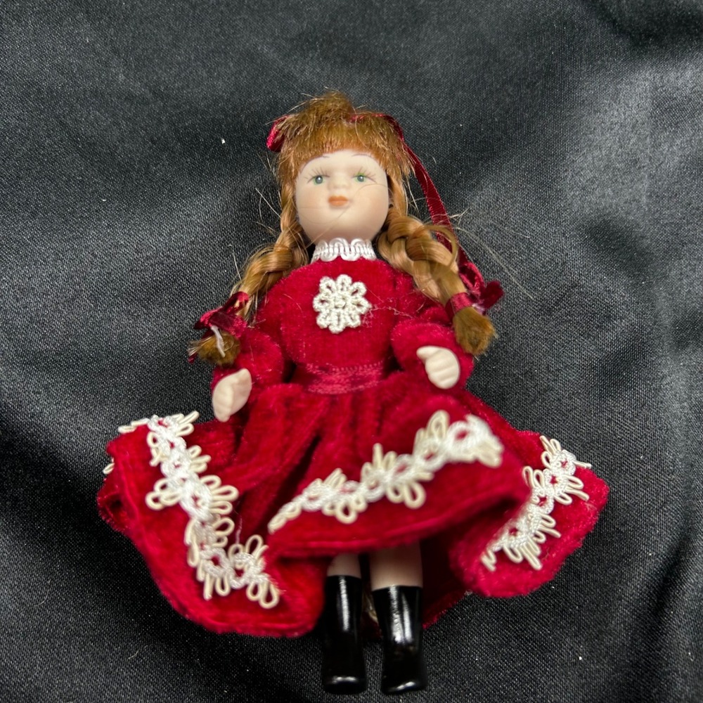 Vintage Porcelain Doll Ornament Red Velvet Dress Lace Trim 6 Inch Miniature